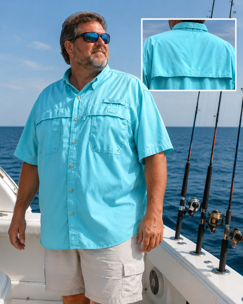 IZOD Saltwater Aqua Blue Short Sleeve Fishing Shirt Vented Big Tall 2XL